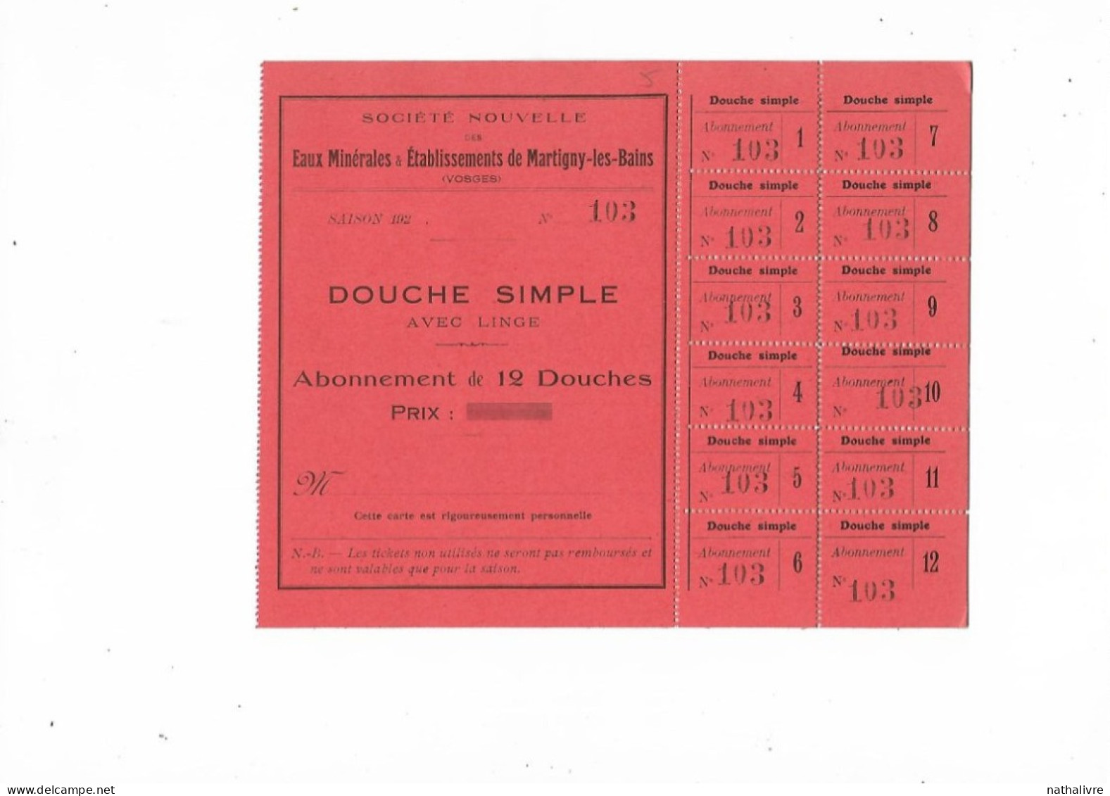 VOSGES MARTIGNY LES BAINS Carte Abonnement De 12 Douches/ Douche Simple Avec Linge - Zonder Classificatie