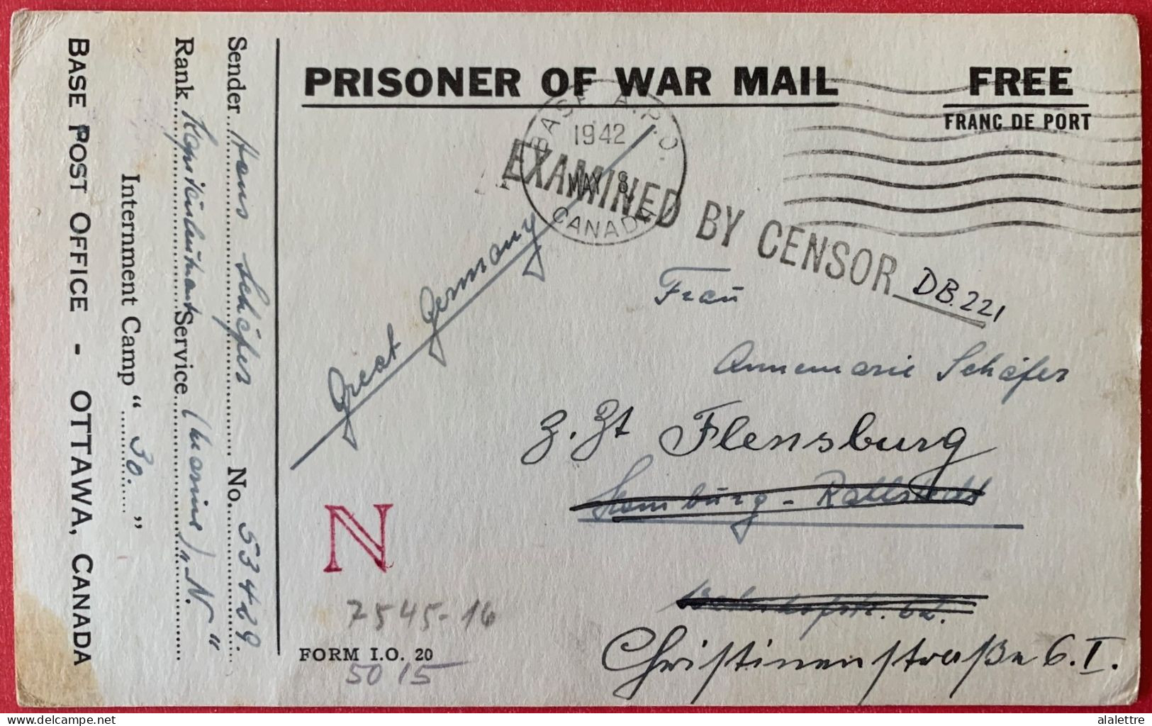 1942 CANADA P.O.W. Camp 30 Prisoner Of War Censored Card Adressée En Allemagne - Lettres & Documents