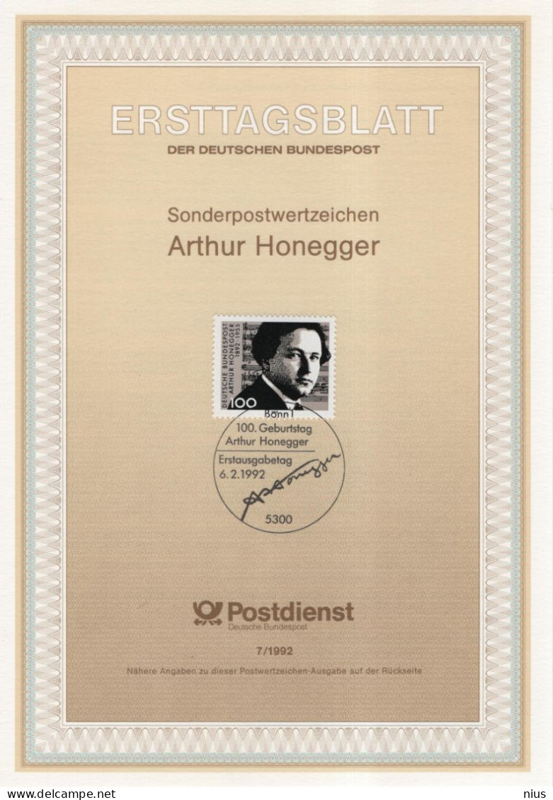 Germany Deutschland 1992-7 Arhur Honegger, Composer Komponist Music Musik Musique, Canceled In Bonn - 1991-2000