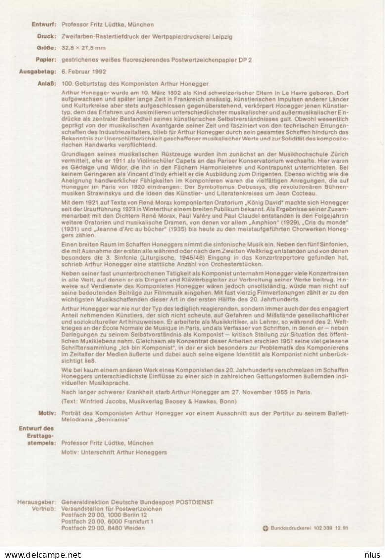 Germany Deutschland 1992-7 Arhur Honegger, Composer Komponist Music Musik Musique, Canceled In Bonn - 1991-2000