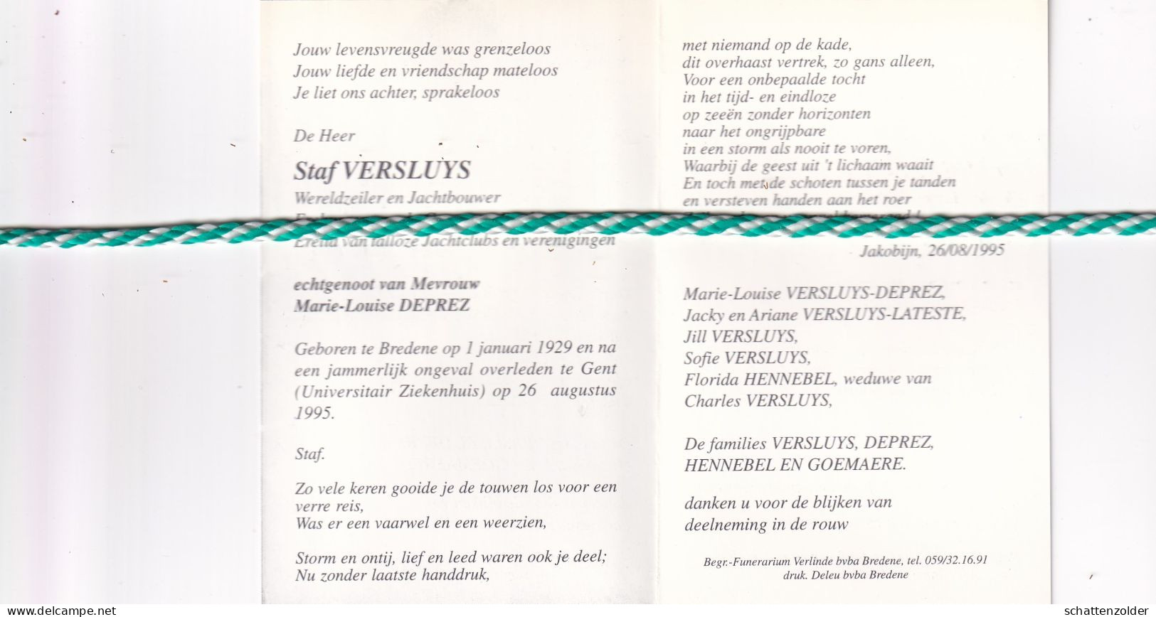 Staf Versluys-Deprez, Bredene 1929, Gent 1995. Wereldzeiler, Jachtbouwer, Ereburger Bredene. Foto - Obituary Notices