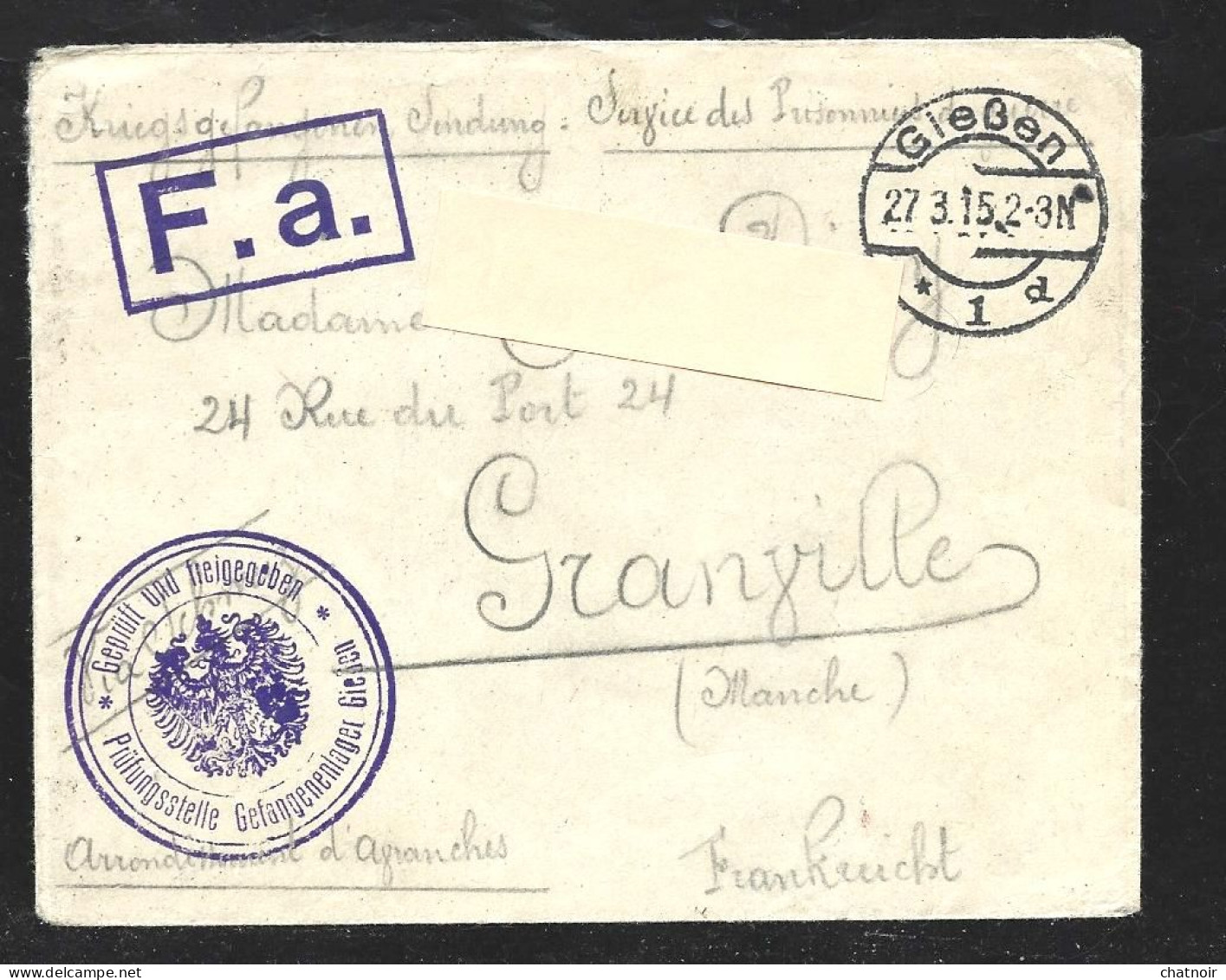 ALLEMAGNE  /GIEBEN 1915  Pour La Cote D 'or/ Adresse :  Camp De Siessen / Pour  Granville - 1914-18
