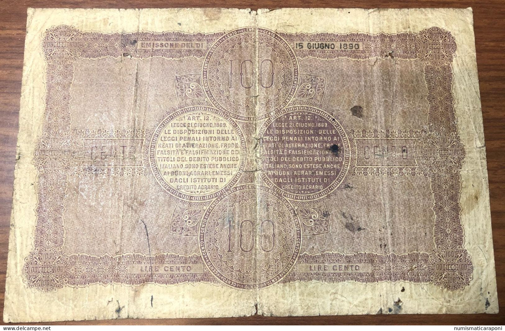 100 LIRE MONTE DEI PASCHI DI SIENA CREDITO AGRICOLO R6 Emesso 15 06 1890 Forellini Taglietto E Macchie Ma Naturale 3176 - Biglietti Consorziale