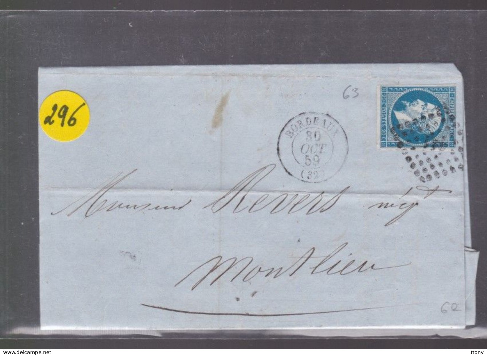 Un  Timbre  Napoléon III N° 14  20 C Bleu  Lettre Départ Bordeaux  1859   Destination Montlieu - 1862 Napoléon III.