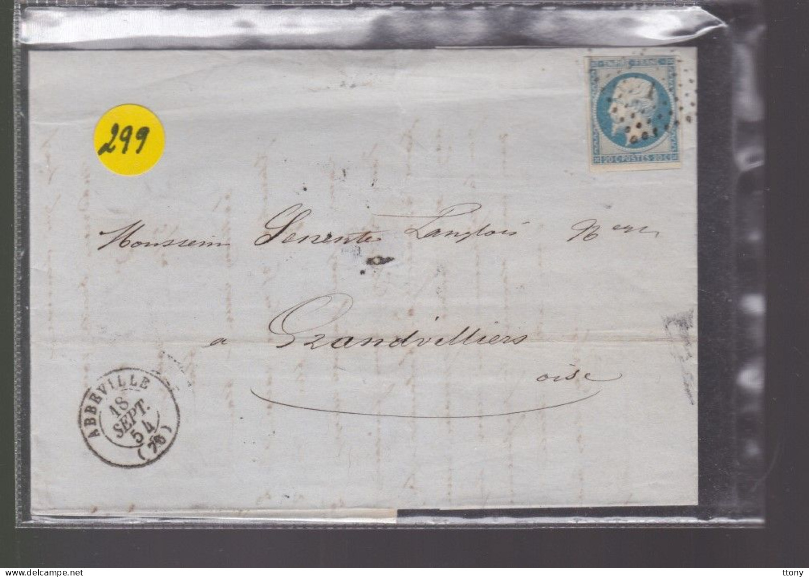 Un  Timbre  Napoléon III N° 14  20 C Bleu  Lettre   Cachet  Abbeville   1854  Destination Grandvilliers - 1853-1860 Napoleon III