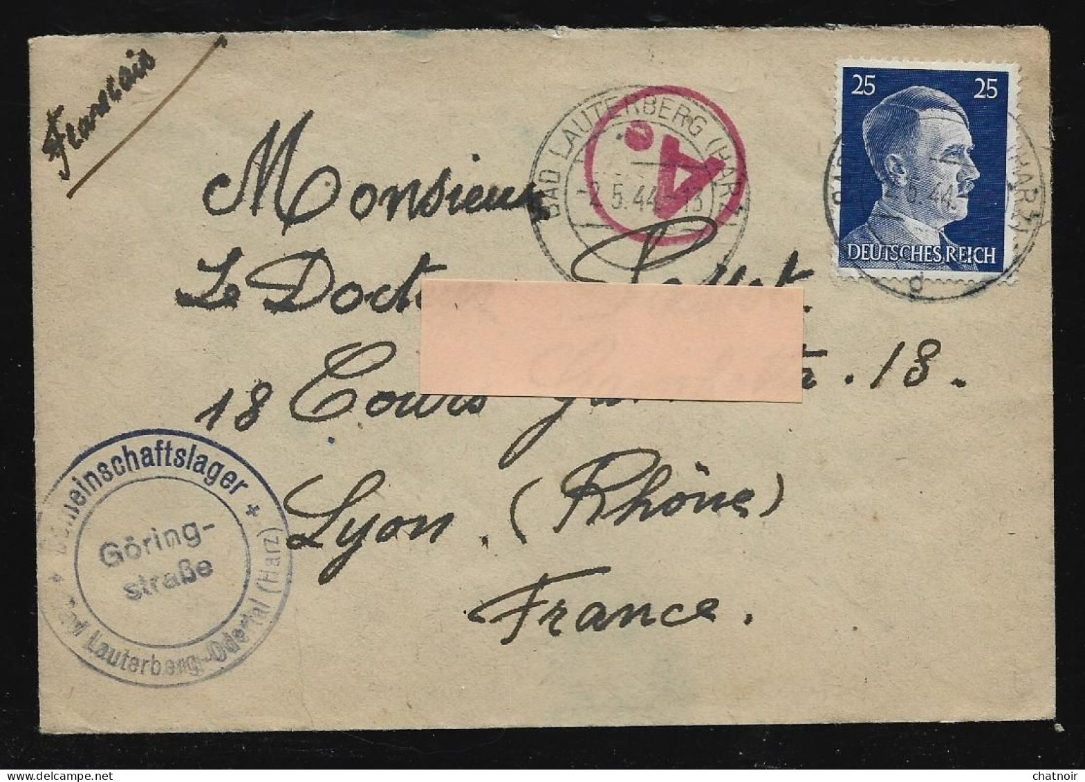 Envel   Oblit " LAUTERBERG" Allemagne   1944  Pour  LYON - Cartas & Documentos