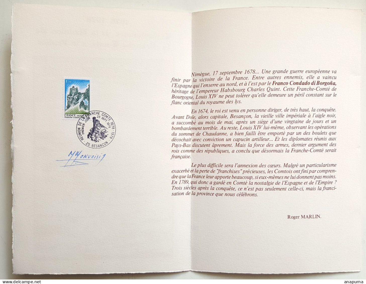 Franche Comté. Tricentenaire. Numéroté, Papier Luxe, Signé. Document Avec Timbre, Besançon, Velin - Otros & Sin Clasificación