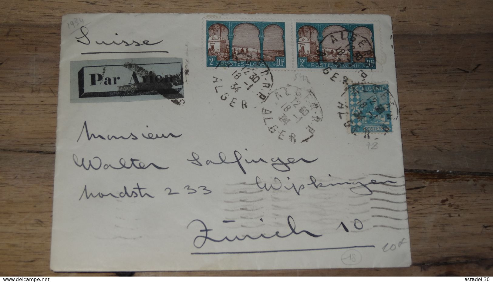 Enveloppe ALGERIE,  Alger Pour Suisse, AVION 1934  ............ Boite1.......... 240424-23 - Briefe U. Dokumente