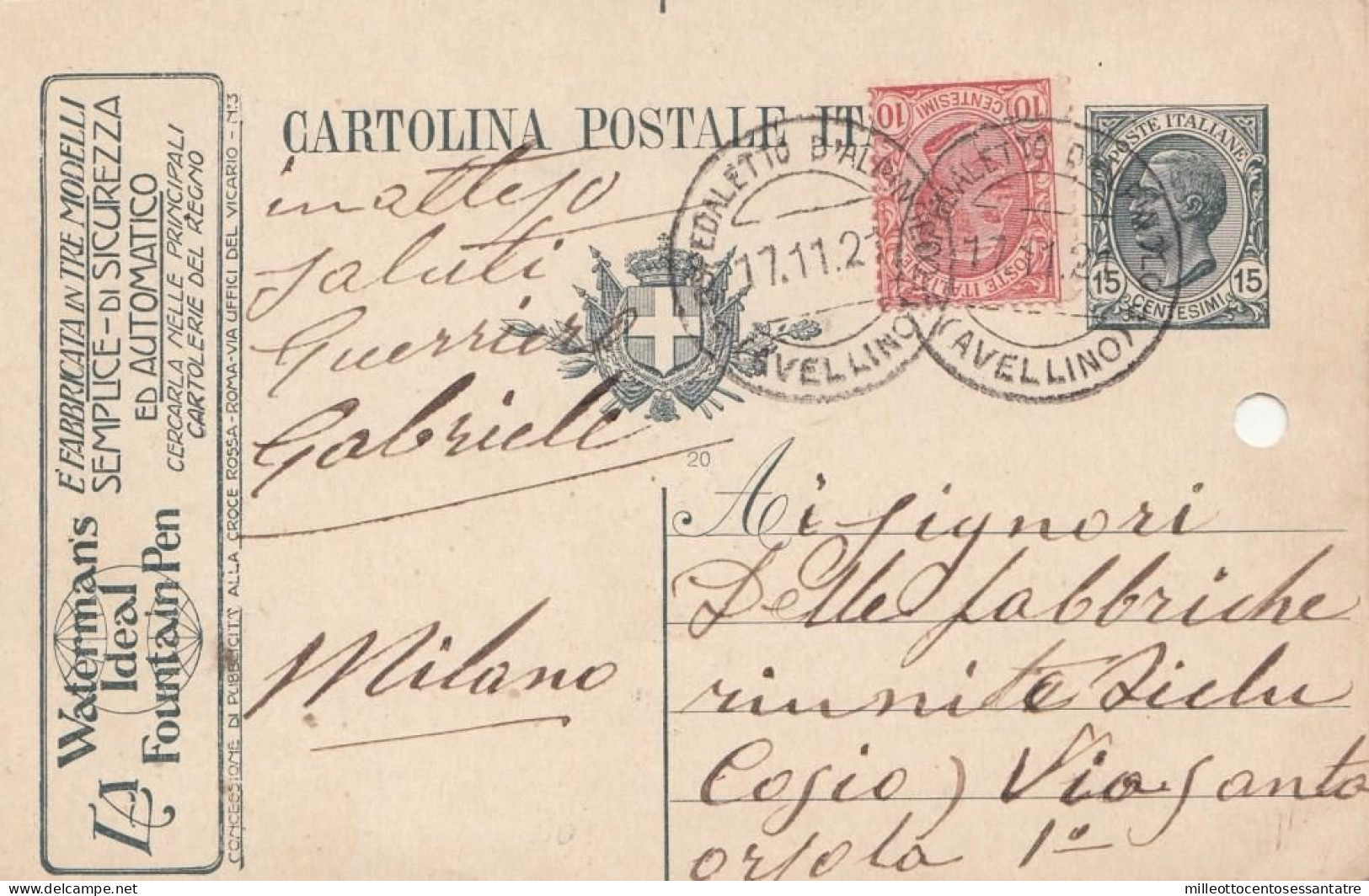 2217 - REGNO - Intero Postale Pubblicitario " WATERMANS " Da Cent.15 Ardesia Del 1921 Da Ospedaletto D'Alpinolo A Milano - Pubblicitari