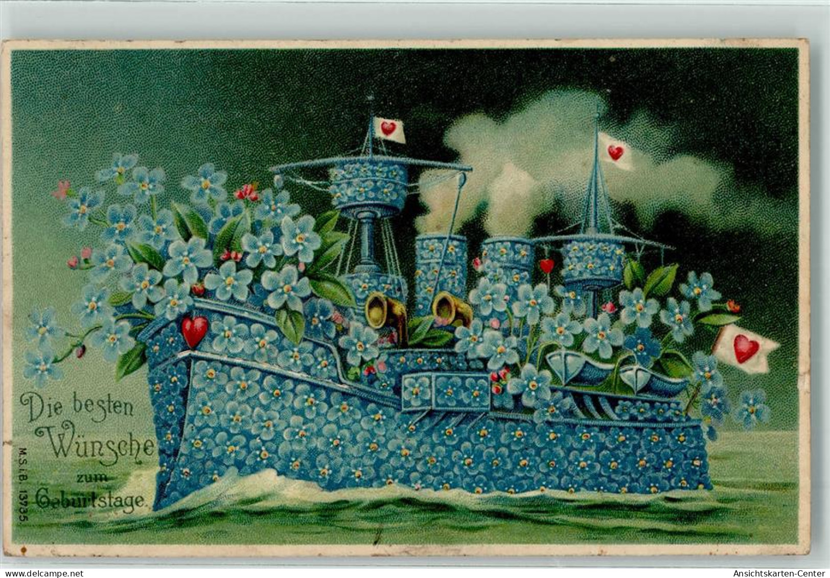 10666805 - Die Besten Wuensche Zum Geburtstage Blumenschiff Herzfahnen Lithographie M.S.i.B. 13735 - Autres & Non Classés