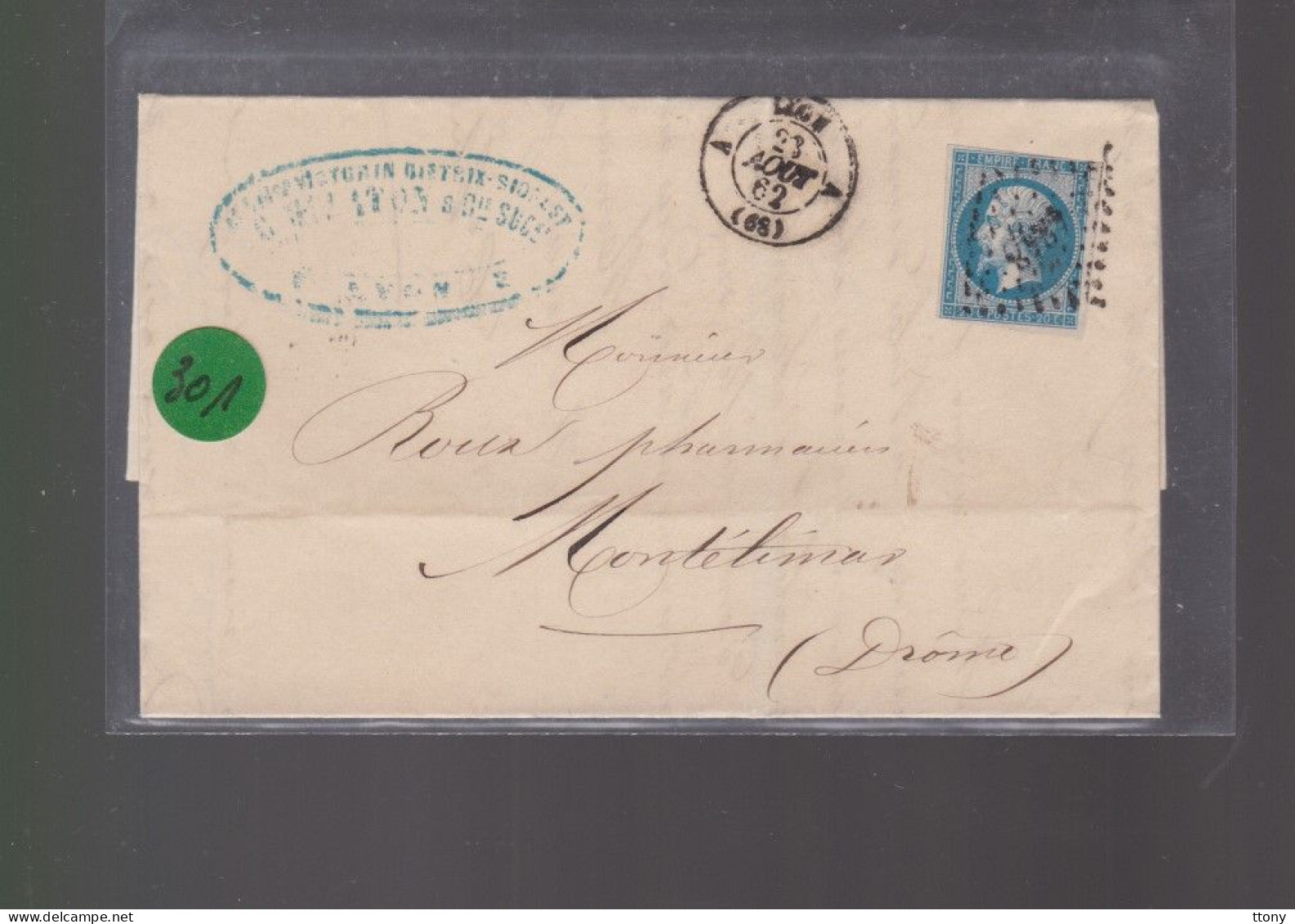 Un  Timbre  Napoléon III N° 14  20 C Bleu  Lettre   Cachet  Lyon    1862  Destination  Montélimar - 1862 Napoléon III