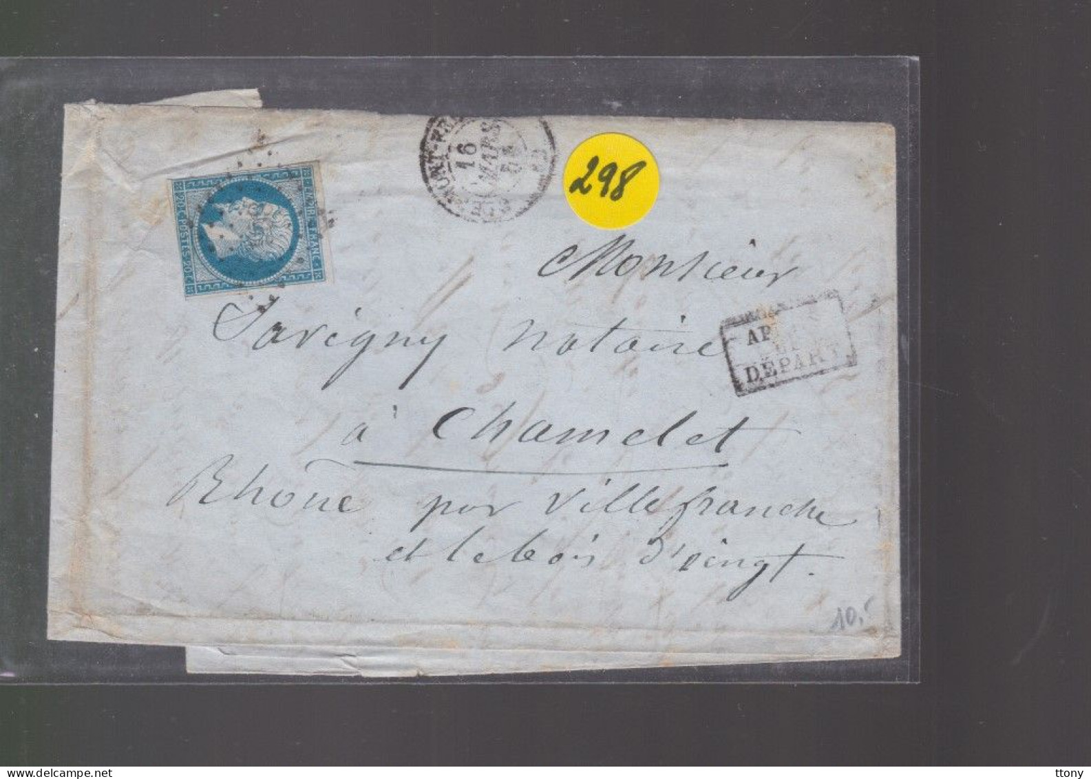 Un  Timbre  Napoléon III N° 14  20 C Bleu  Lettre    1859 Destination Chamelet  Après Le Départ - 1853-1860 Napoléon III.