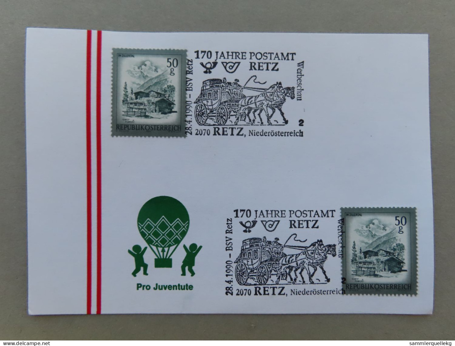 Österreich Pro Juventute - Mit Sonderstempel 28. 4. 1990 Retz, 170 Jahre Postamt In Retz (Nr.1107) - Other & Unclassified