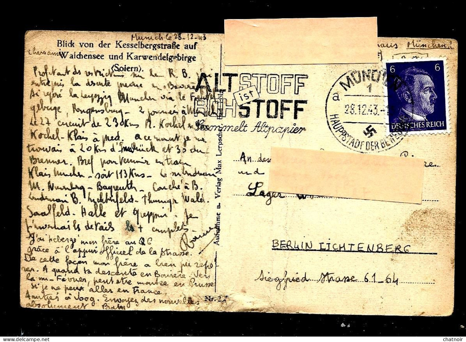 C P   Avec  "defaut" / Oblit  " MUNCHEN " 1943 Pour  BERLIN - Storia Postale