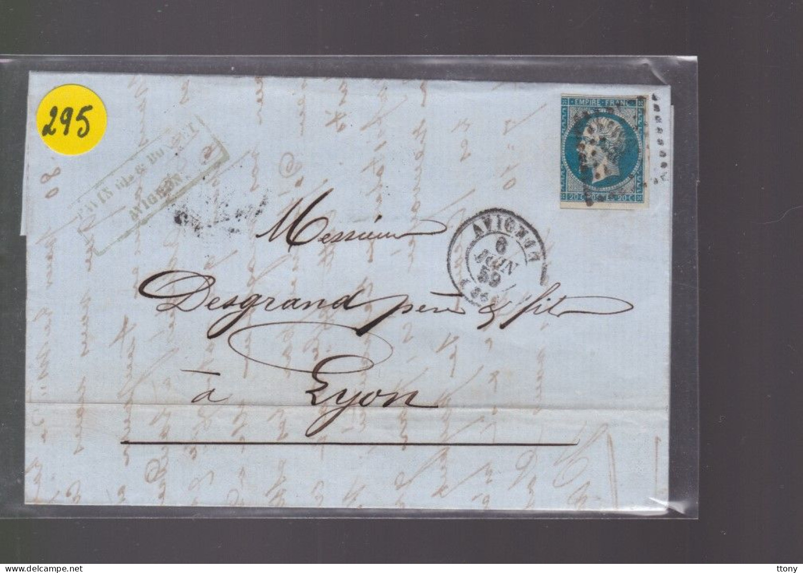 Un  Timbre  Napoléon III N° 14  20 C Bleu  Lettre  Cachet Avignon   1859 Destination Lyon - 1853-1860 Napoléon III.