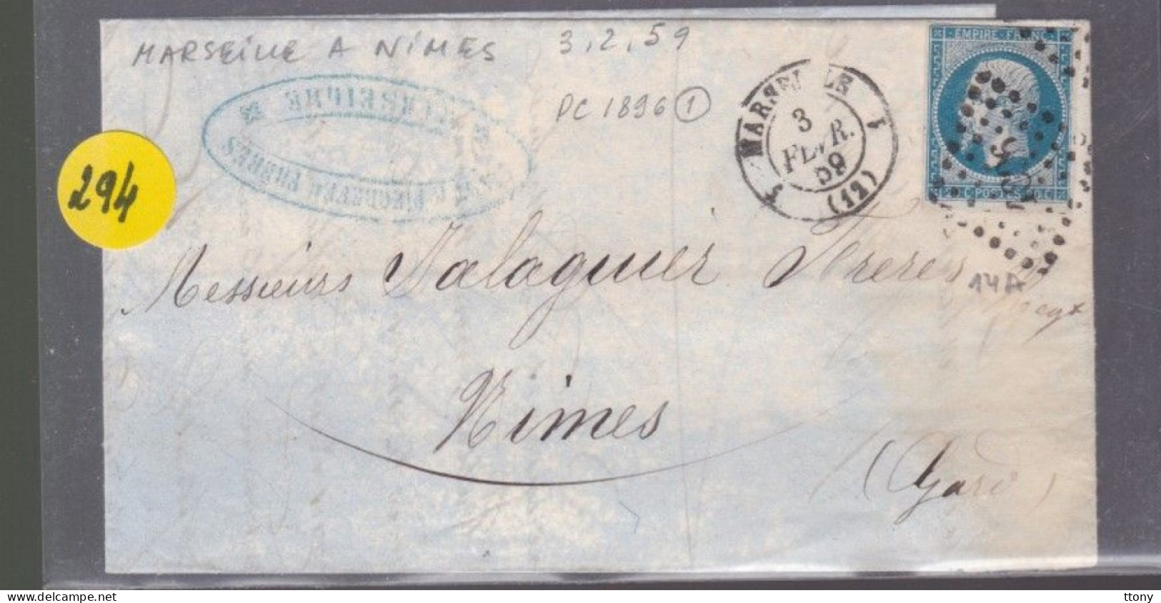 Un  Timbre  Napoléon III N° 14  20 C Bleu  Lettre  Cachet  Marseille Pc 1896    1859  Destination Nîmes - 1853-1860 Napoleone III