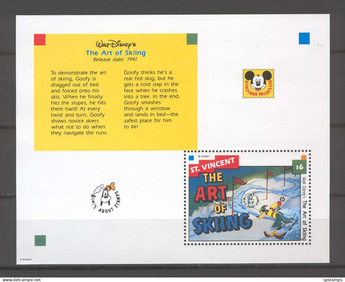 Disney St Vincent 1992 Goofy - The Art Of Skiing #1 MS MNH - Disney