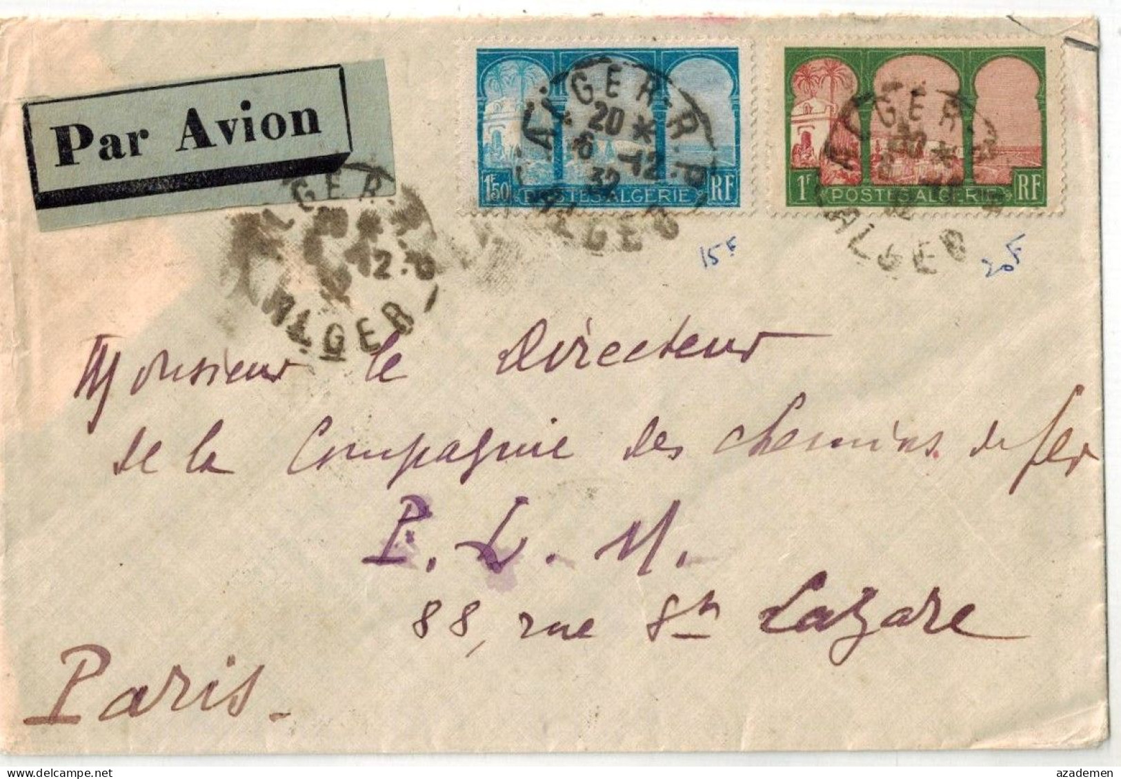 ALGERIE    Lettre Par Avion Alger/Paris, 1932. - Briefe U. Dokumente