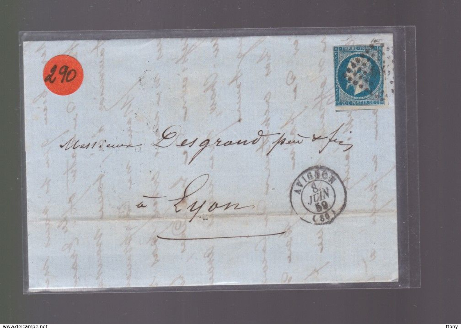 Un  Timbre  Napoléon III N° 14  20 C Bleu  Lettre  Cachet  Avignon  1859  Destination Lyon - 1853-1860 Napoléon III.