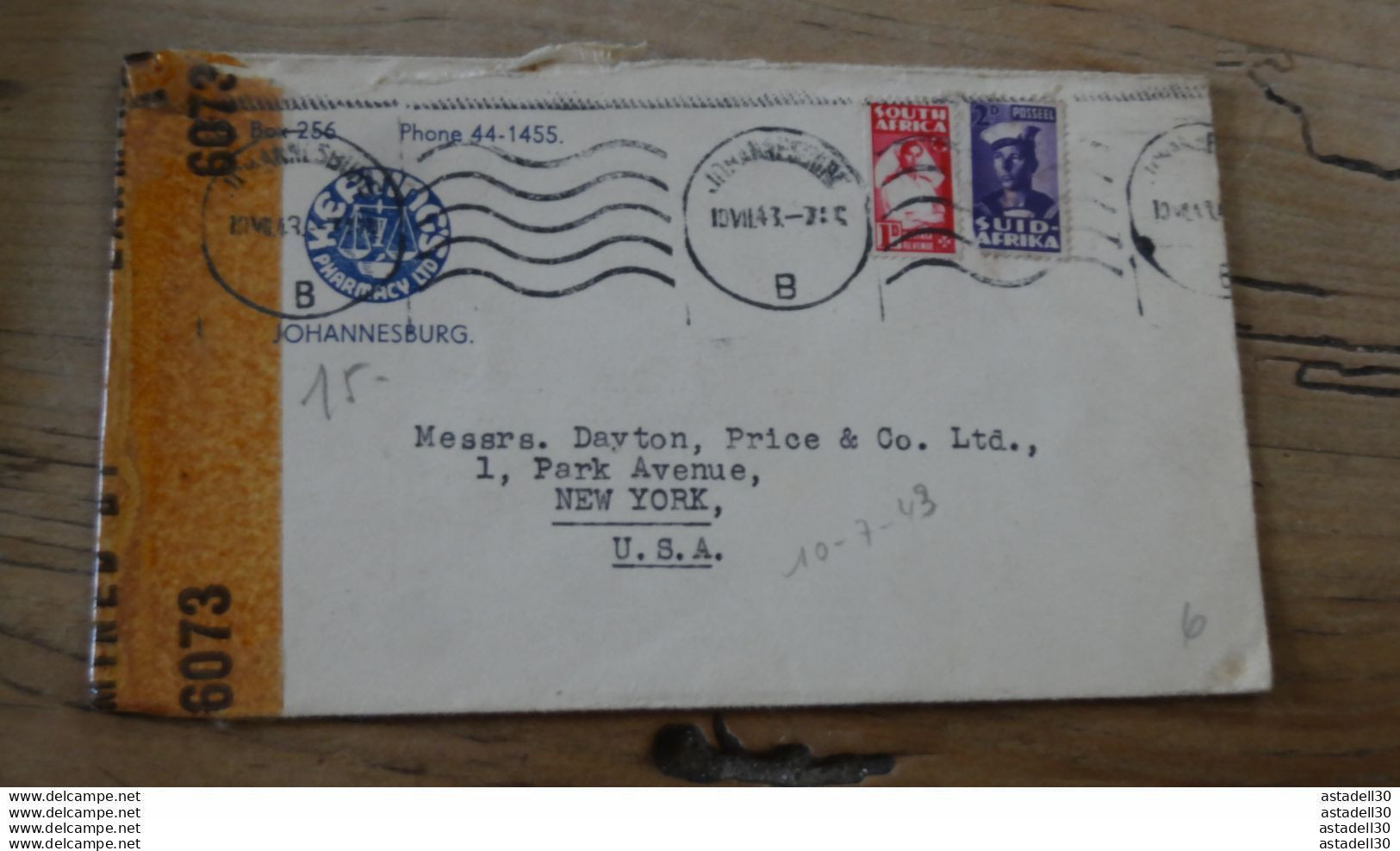 SOUTH AFRICA, Cover Censored 1943 To USA .............. Q-.....CL-6-5 - Lettres & Documents