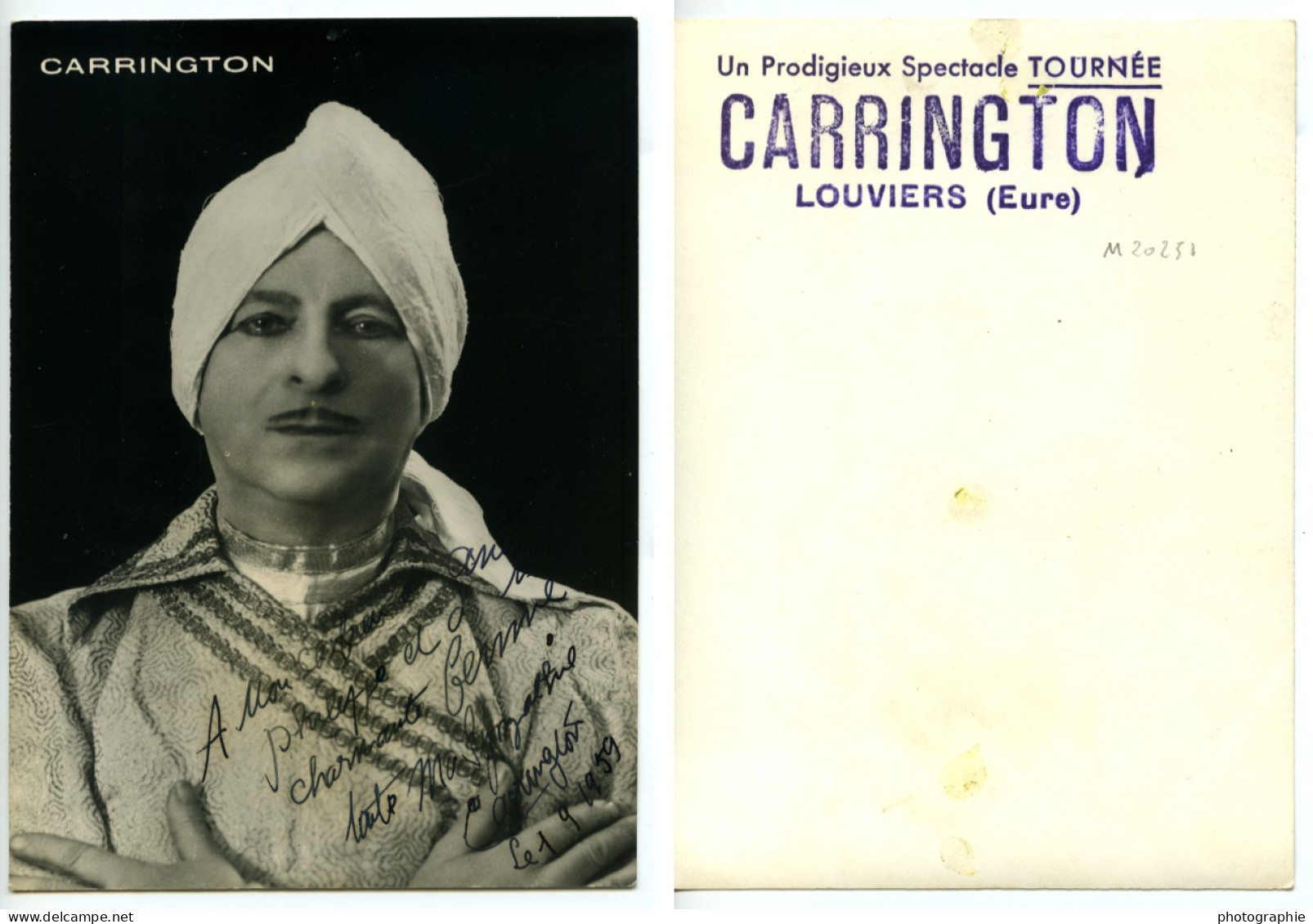 France Portrait Carrington Magicien Illusioniste Ancienne Photo Autographe 1959 - Personalidades Famosas