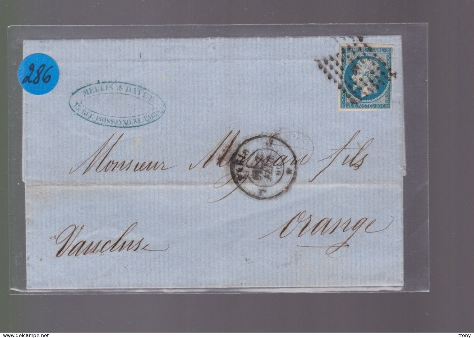 Un  Timbre  Napoléon III N° 14  20 C Bleu  Lettre  Paris  1860   Destination  Orange - 1853-1860 Napoléon III.