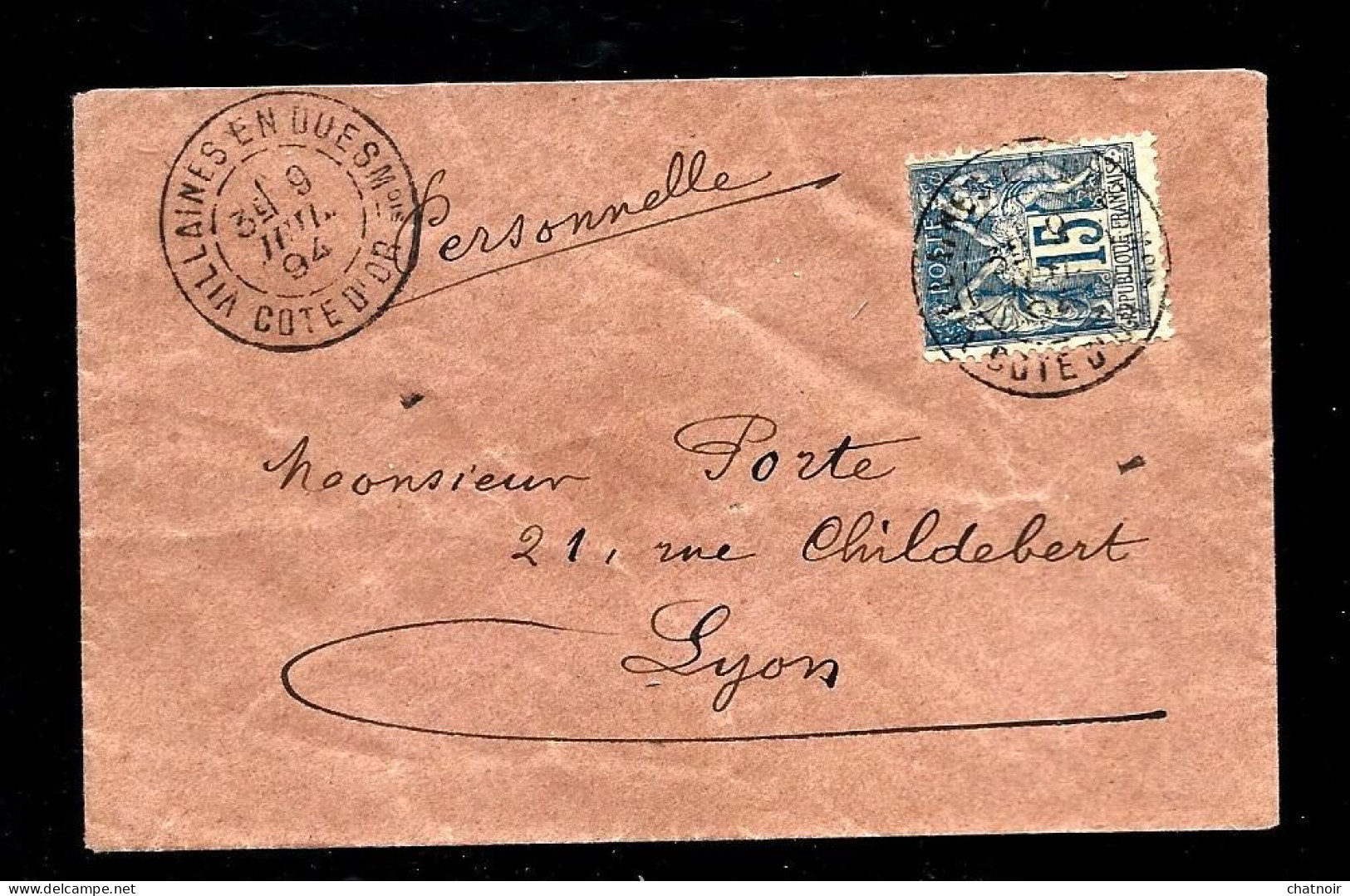 Envelop  15c Sage   Oblit  "  VILLAINES EN  DUESMOIS    COTE D'OR "  1894 - 1877-1920: Semi Modern Period