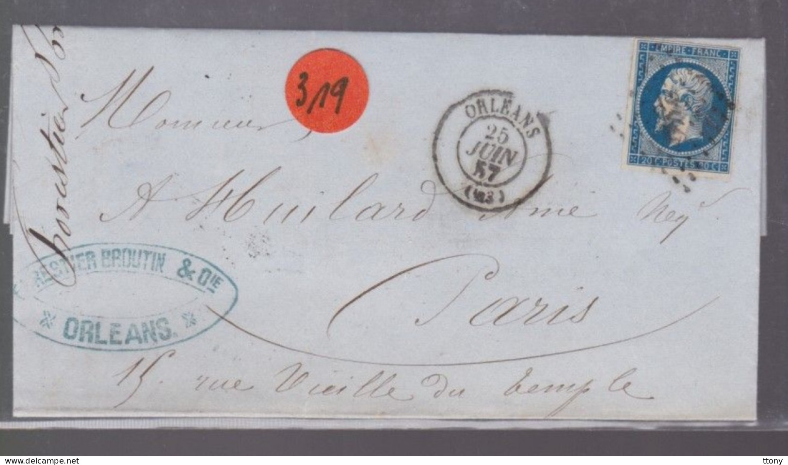 Un  Timbre  Napoléon III N° 14  20 C Bleu  Lettre  Cachet Orléans  1857  Destination  Paris - 1853-1860 Napoléon III.