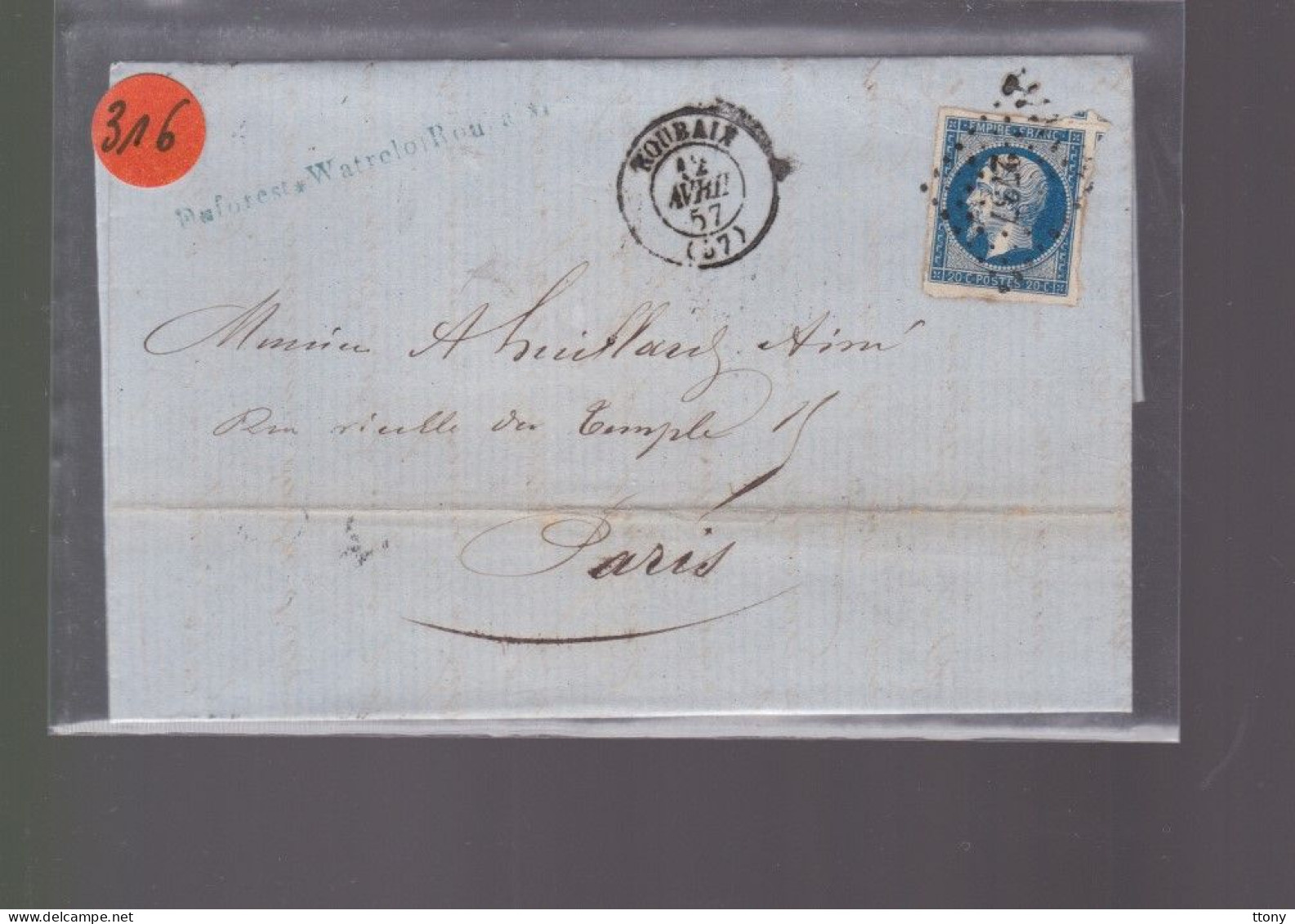 Un  Timbre  Napoléon III N° 14  20 C Bleu  Lettre  Cachet Roubaix   1857  Destination  Paris - 1853-1860 Napoleon III