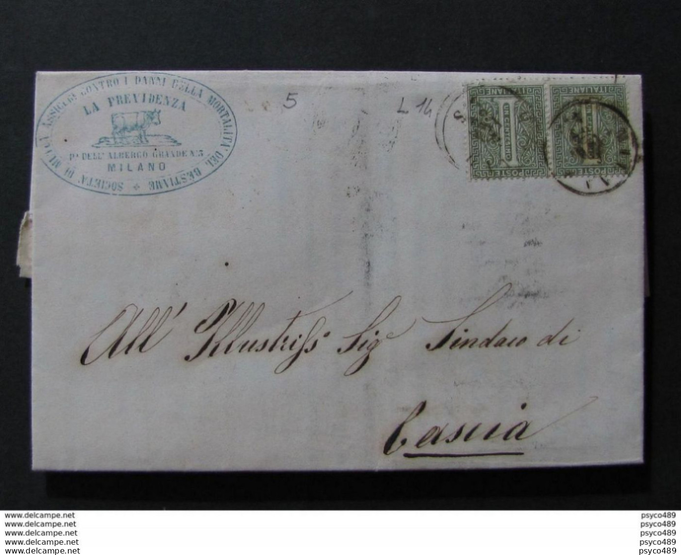 5 ITALIA Regno-1863- "L 14 Cifra Londra" C. 1 Coppia MILANO>CASCIA (descrizione) - Marcophilia