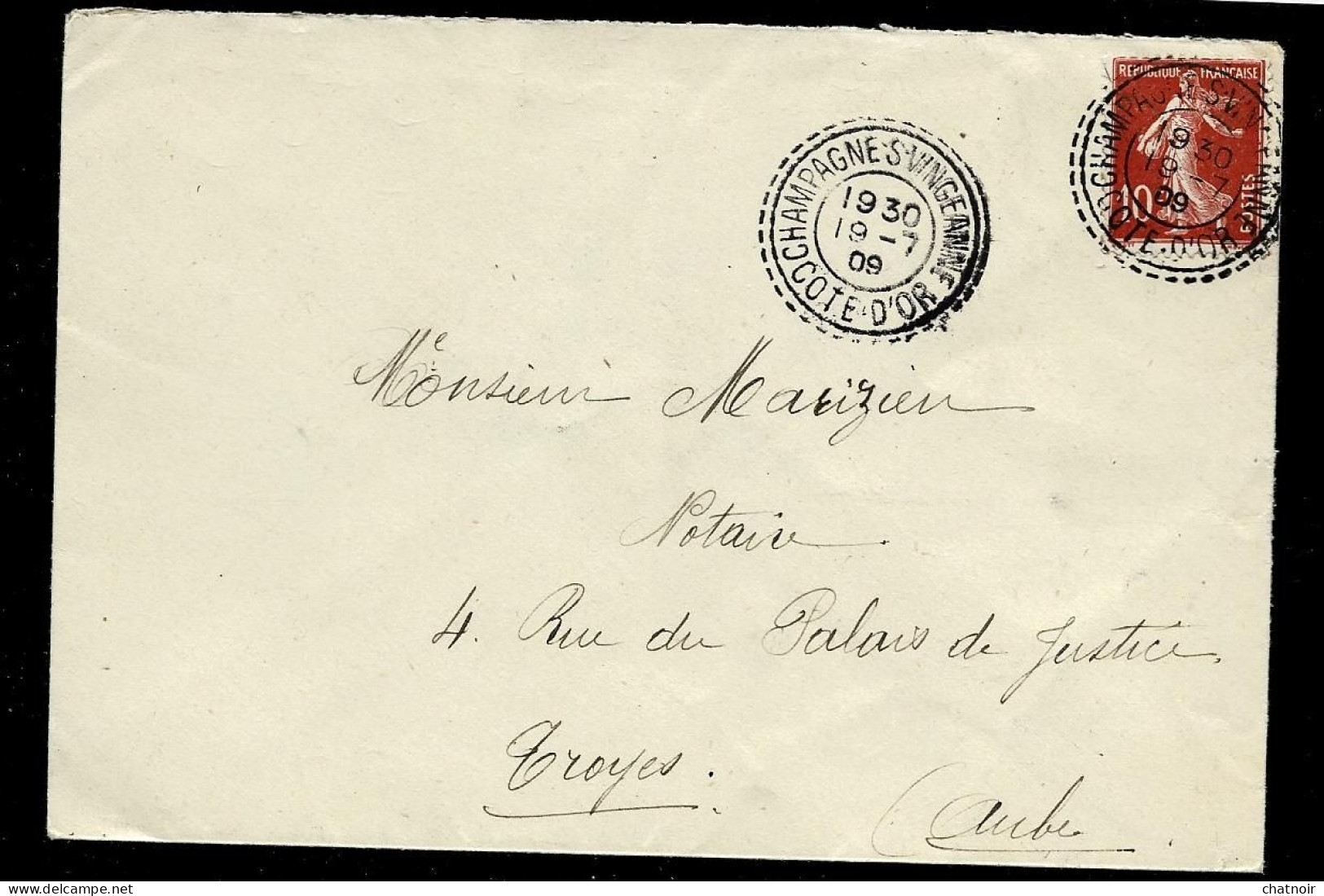 Envelop  10 C  Semeuse    Oblit  "  CHAMPAGNE SUR VINGEANNE   COTE D'OR "  1909 - 1877-1920: Semi-moderne Periode