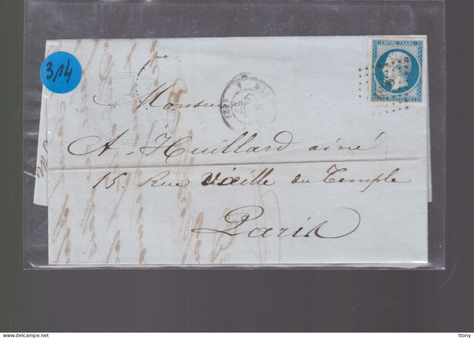 Un  Timbre  Napoléon III N° 14  20 C Bleu  Lettre  Marseille    1857  Destination  Paris - 1853-1860 Napoléon III.