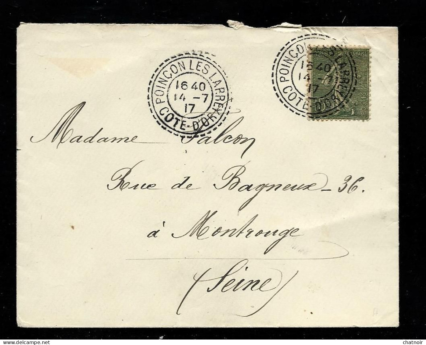 Envelop  15 C   Semeuse    Oblit  "  POINCON LES LAPREY   COTE D'OR "  1917 - 1877-1920: Semi-Moderne