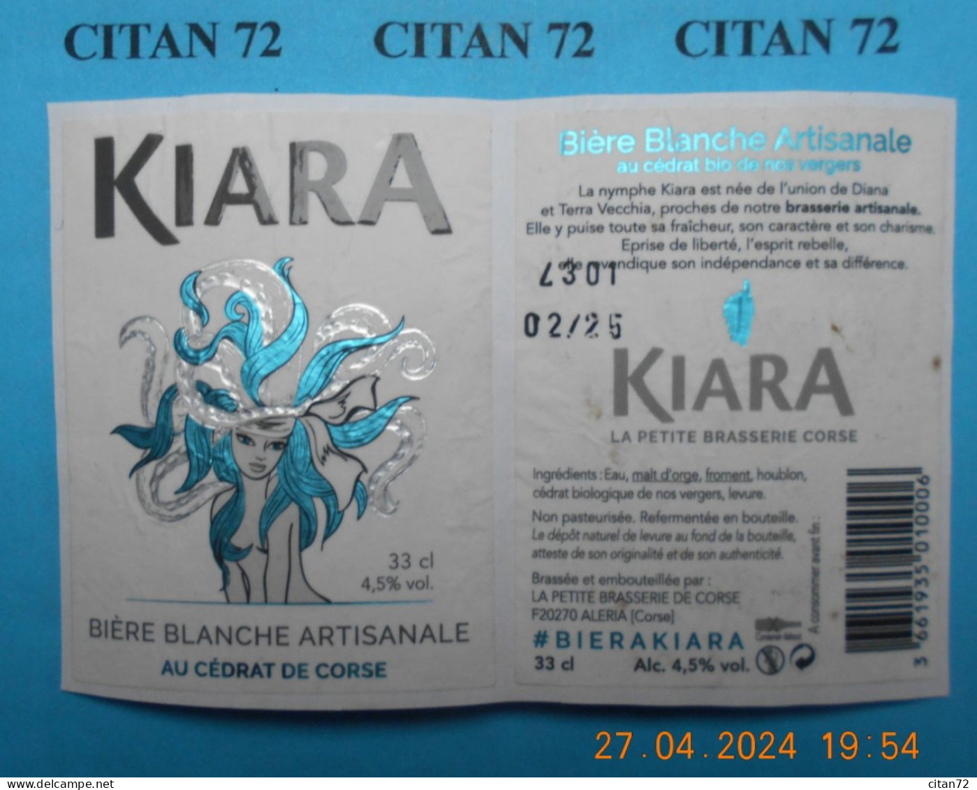 1  ETIQUETTE  De  BIERE   BRASSERIE  DE CORSE  KIARA  BLANCHE  20270  ALERIA   33 CL - Bier