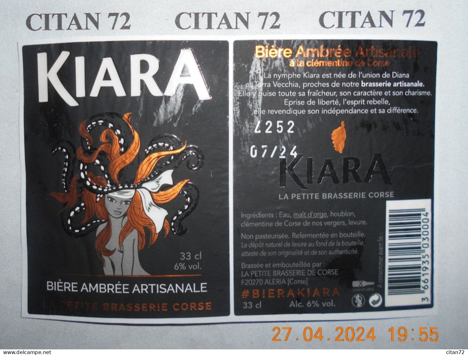 1  ETIQUETTE  De  BIERE   BRASSERIE  DE CORSE    KIARA   AMBREE   20270  ALERIA   33 CL - Bière