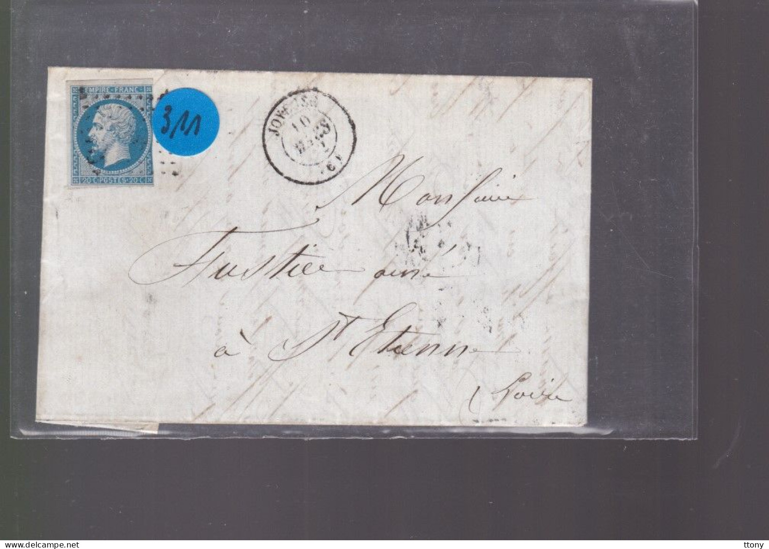 Un  Timbre  Napoléon III N° 14  20 C Bleu  Lettre  Cachet  Joyeuse    1862  Destination  St- Etienne - 1849-1876: Periodo Classico