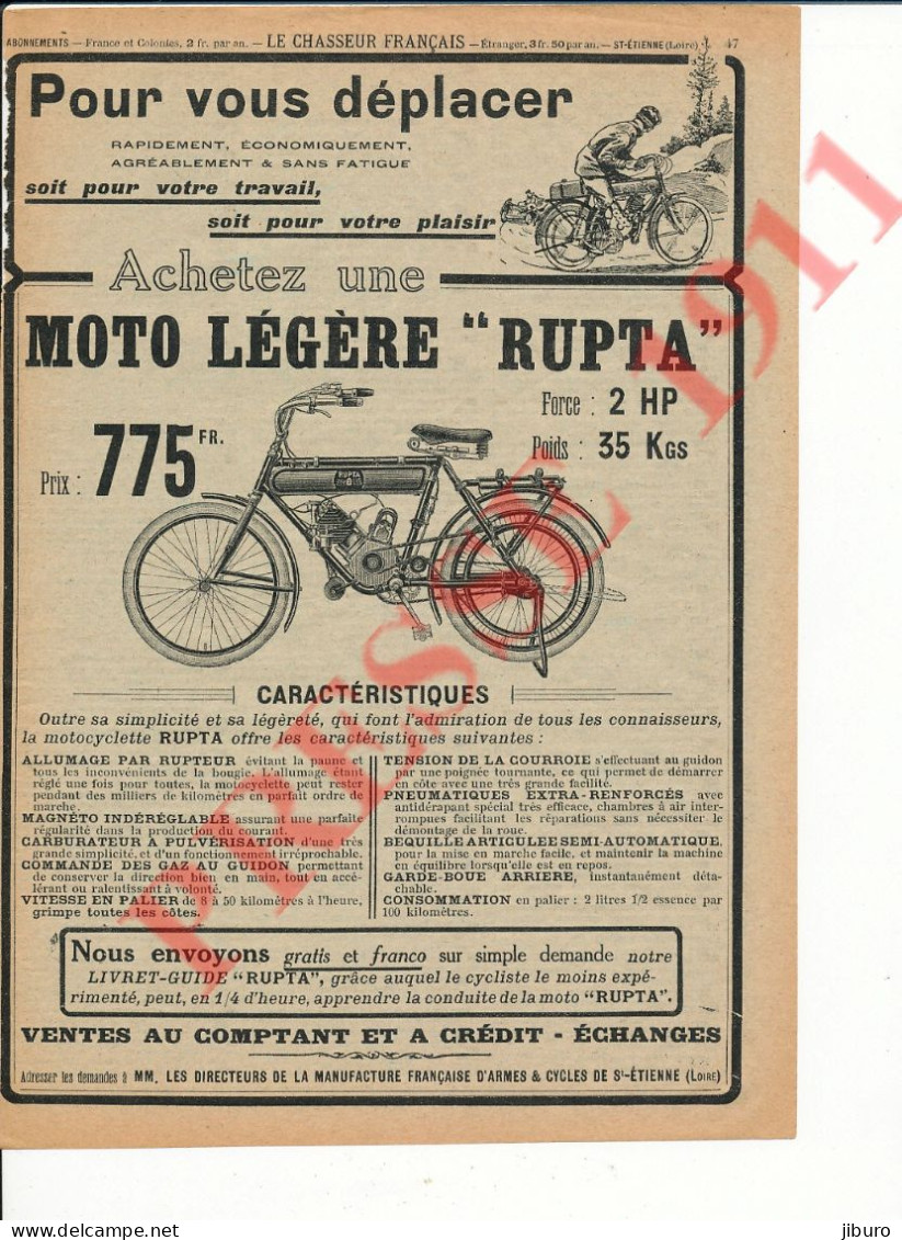 Publicité 1911 Moto Légère Rupta Motocyclette Ancienne Vintage 216CH26 - Reclame