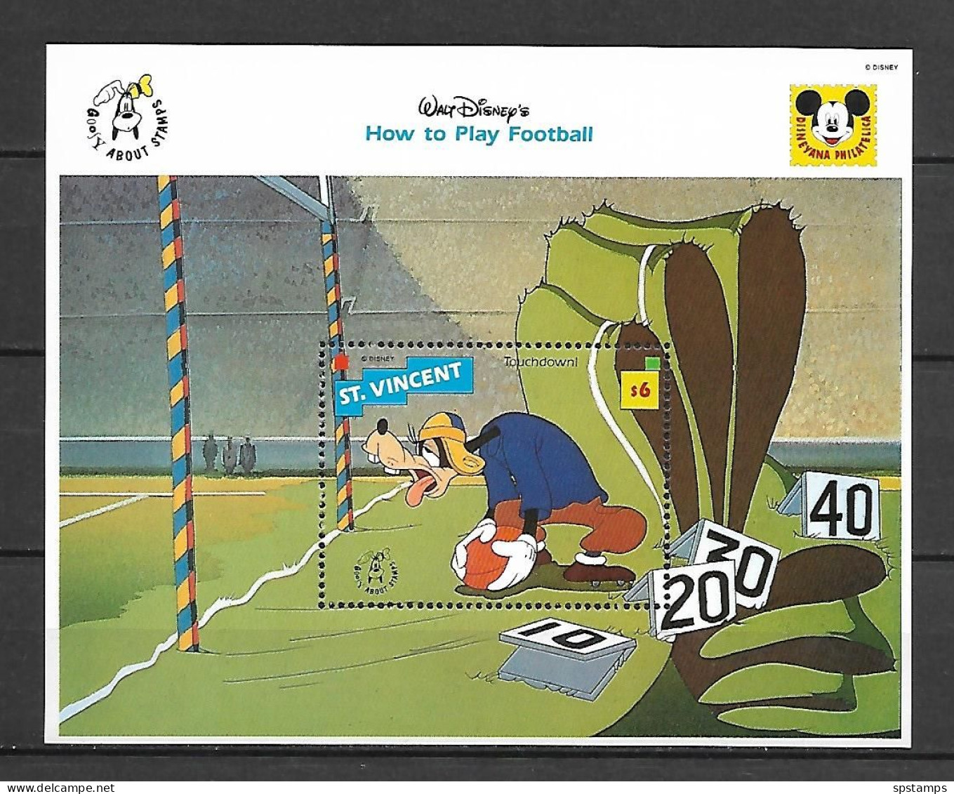 Disney St Vincent 1992 Goofy - How To Play Football - Touchdown MS MNH - Disney