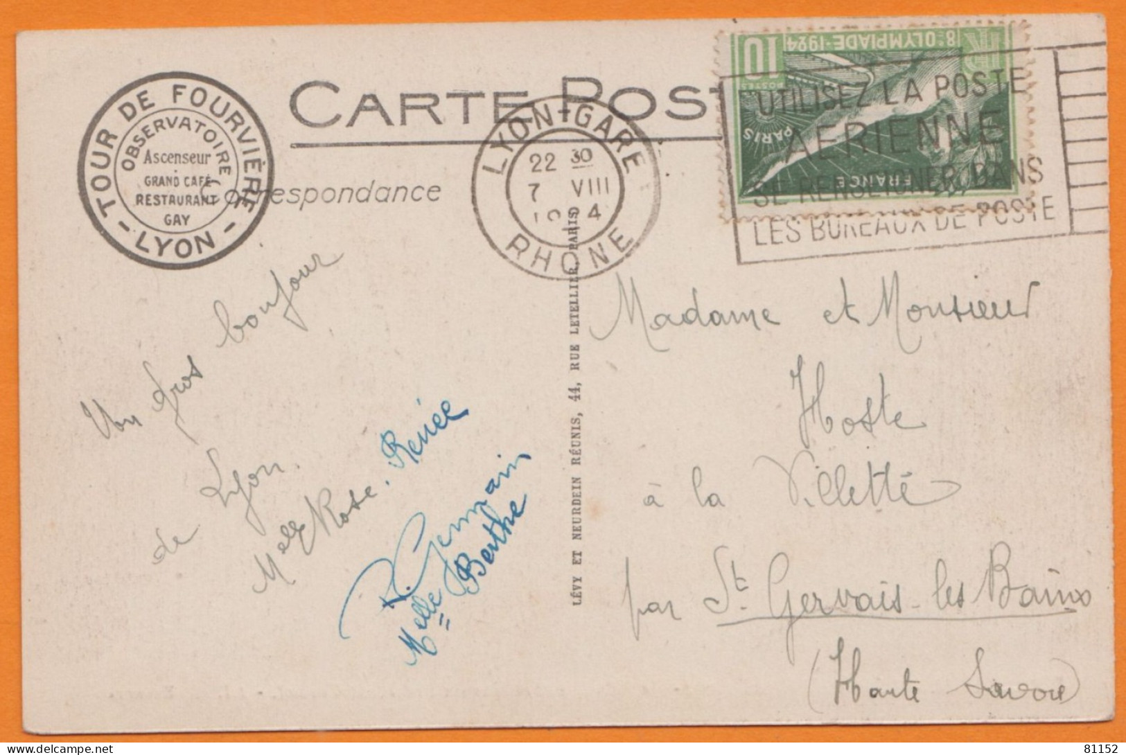 JEUX OLYMPIQUES De PARIS 10c Vert Y.et.T.183  Sur CPA De LYON Animée Avec Tramways 1924 + FLIER " Utilisez La Poste..." - Storia Postale