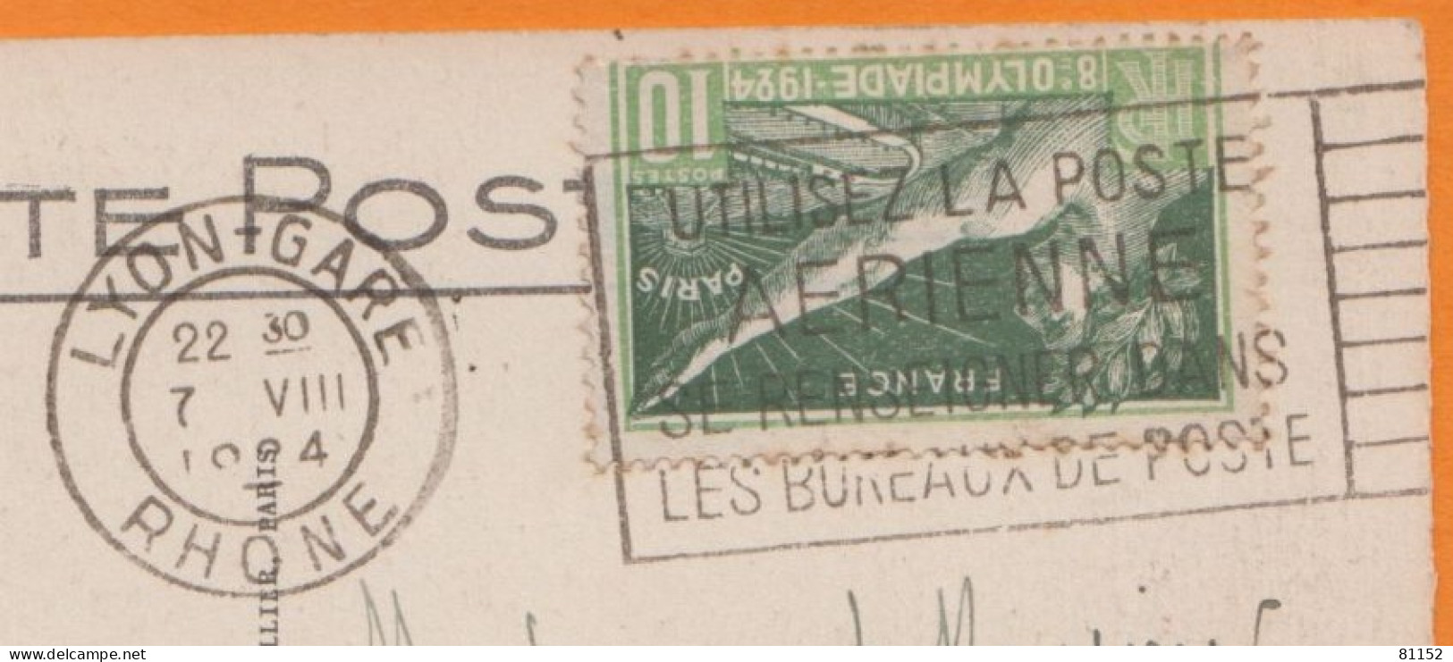 JEUX OLYMPIQUES De PARIS 10c Vert Y.et.T.183  Sur CPA De LYON Animée Avec Tramways 1924 + FLIER " Utilisez La Poste..." - Cartas & Documentos