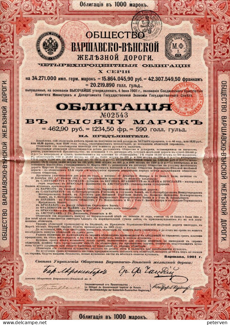 WARSCHAU-WIENER EISENBAHN-GESELLSCHAFT;  4% Anleihe Von 1901 Zu 1000 Mark X. Serie - Rusland