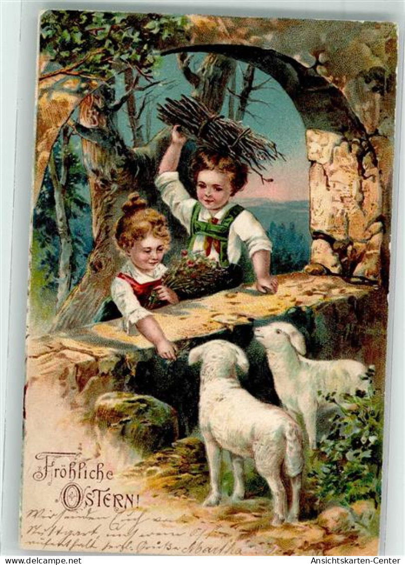 10666705 - Kinder Fuettern Zwei Laemmer Lithographie - Ostern