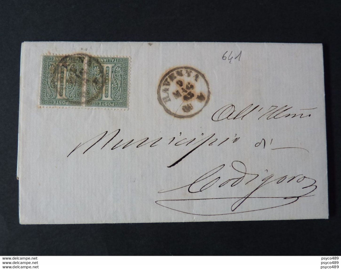 641 ITALIA Regno-1863- De La Rue "L 14 Cifra Londra" C. 1 Coppia RAVENNA>FERRARA (descrizione) - Marcophilia