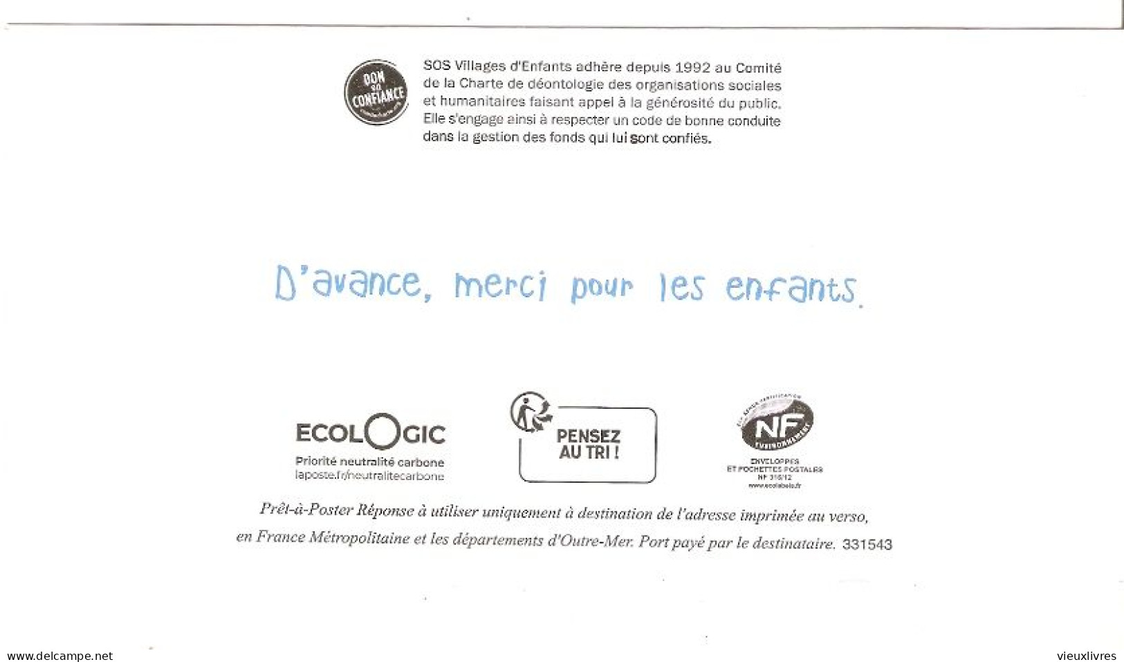 331543 SOS Villages D'enfants Prêt-à-poster YZ Yseult Entier Postal PAP Marianne L'engagée - PAP: Antwort/Marianne L'Engagée