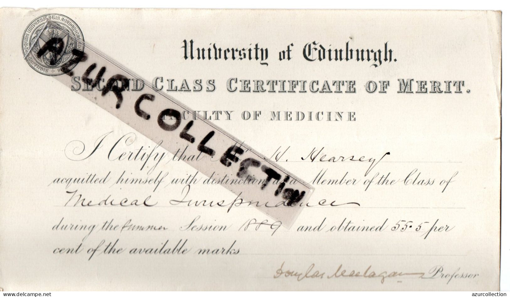 UNIVERSITY OF EDINBURGH . MEDECINE . 1889 - Diploma's En Schoolrapporten