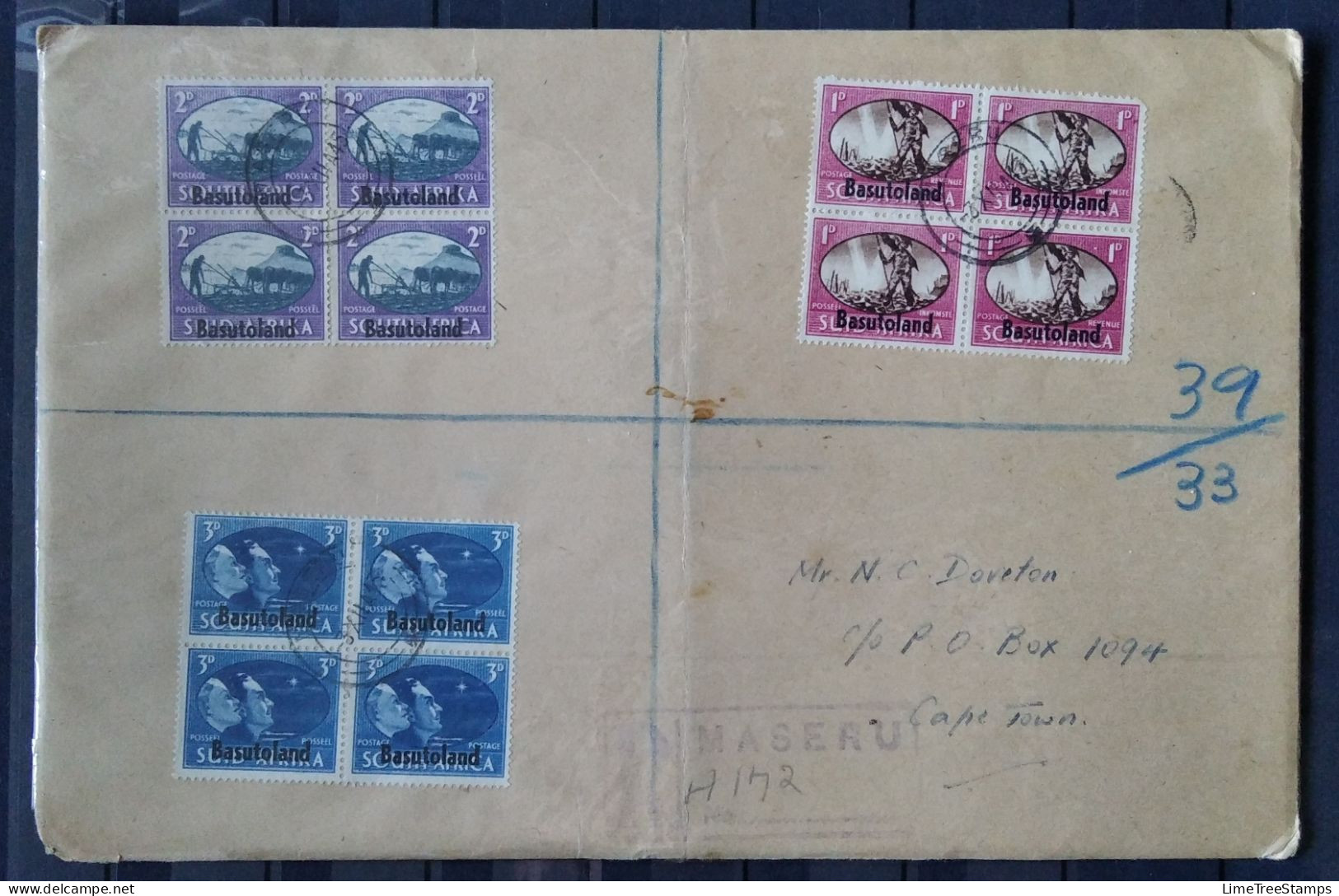 BASUTOLAND 1945 O/p On RSA Victory Blocks Of 4 FDI Registered Letter To Cape Town - Autres & Non Classés