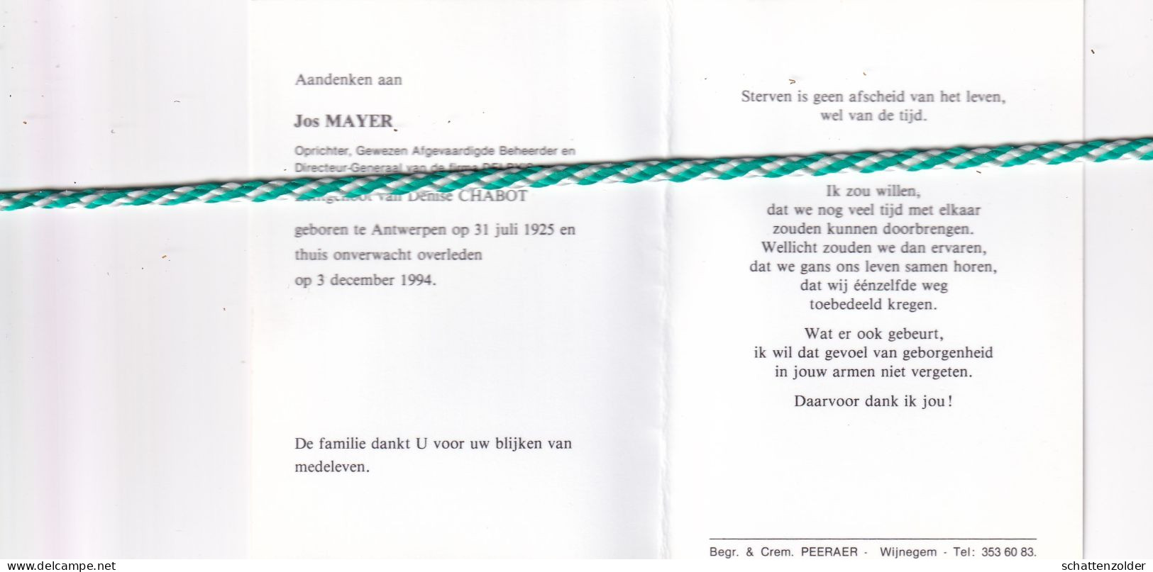 Jos Mayer-Chabot, Antwerpen 1925, 1994. Oprichter Beheerder Firma Delby's. Foto - Overlijden