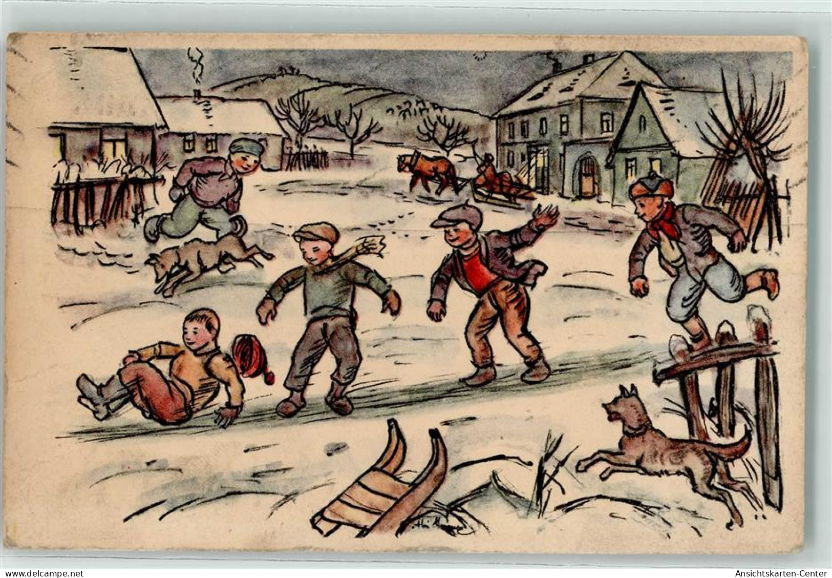 39288305 - Sign. A. Moravec - Kinderspiele Glitschen Eisrutsche Jahreszeit Winter - Sonstige & Ohne Zuordnung