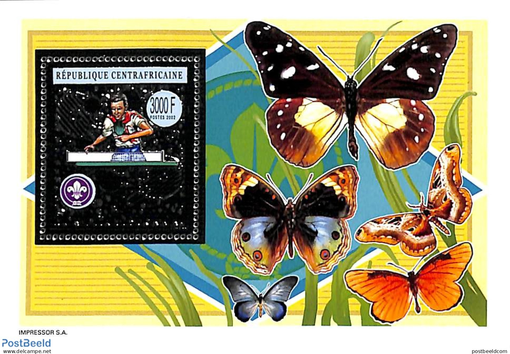 Central Africa 2003 Table Tennis, Scouting S/s Silver, Mint NH, Nature - Sport - Butterflies - Scouting - Sport (other.. - Tennis De Table