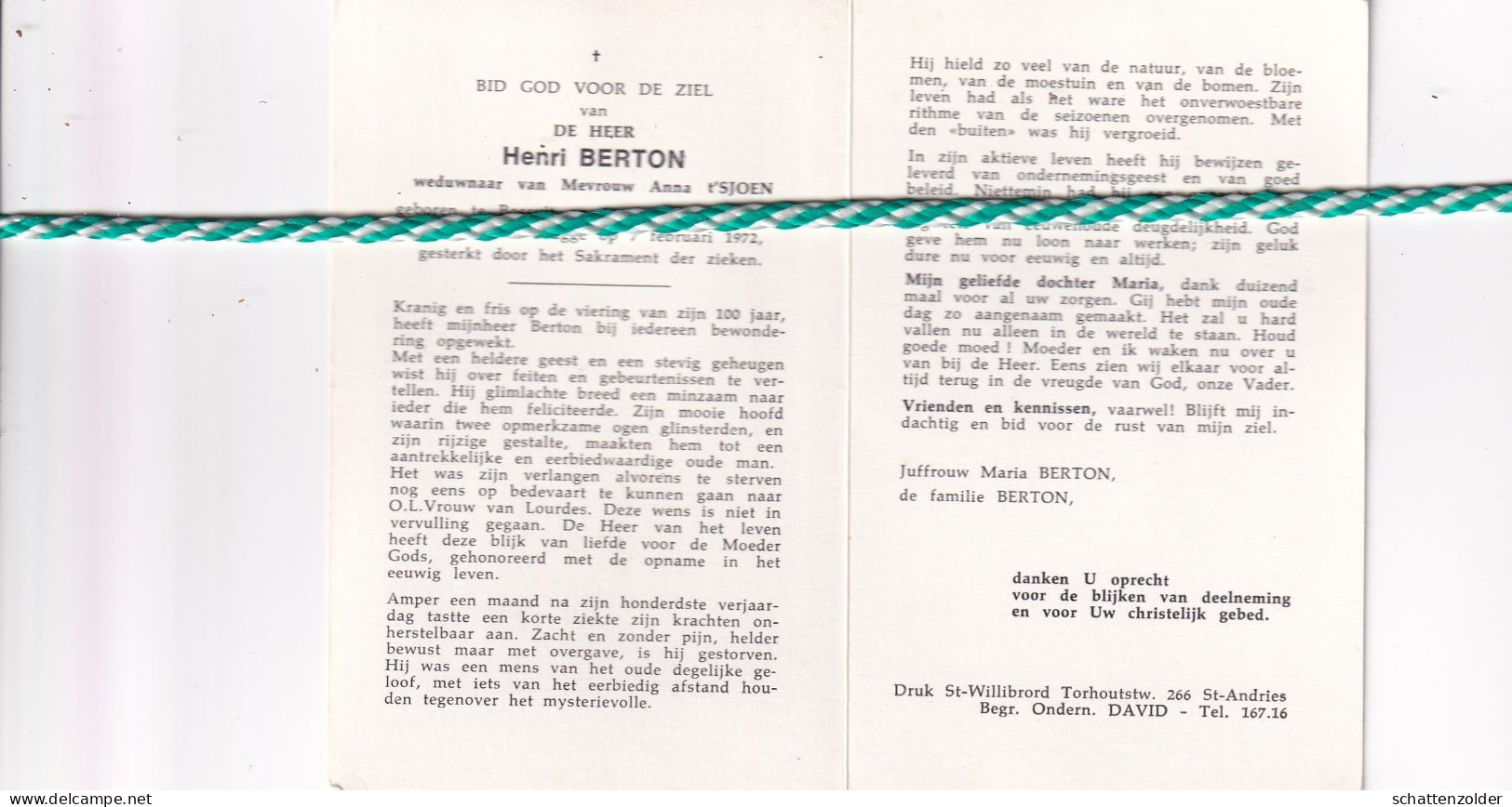 Henri Berton-t'Sjoen, Bossuit 1871, Brugge 1972. Honderdjarige - Obituary Notices